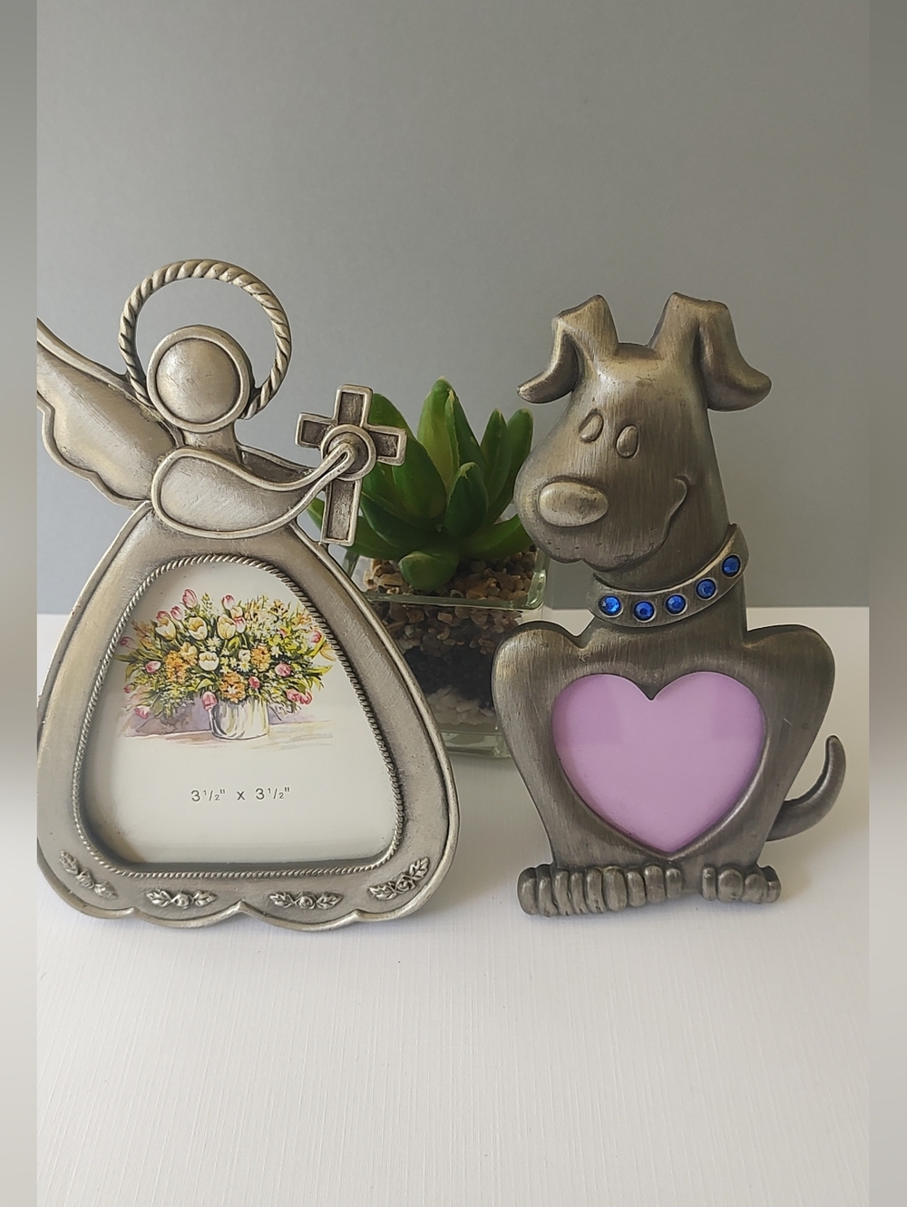Playful Dog Heart Picture Frame in Pink with Blue Jewel Collar